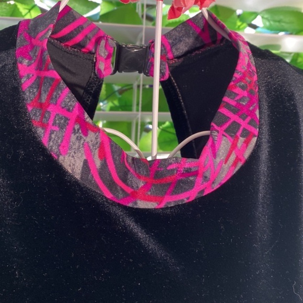Lucky S black velour romper with hot pink collar and lining
